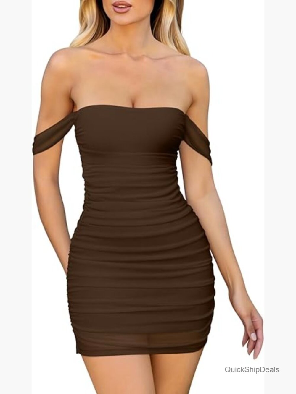 Mesh Ruched Bodycon Mini Dress Off Shoulder Cocktail Party Club